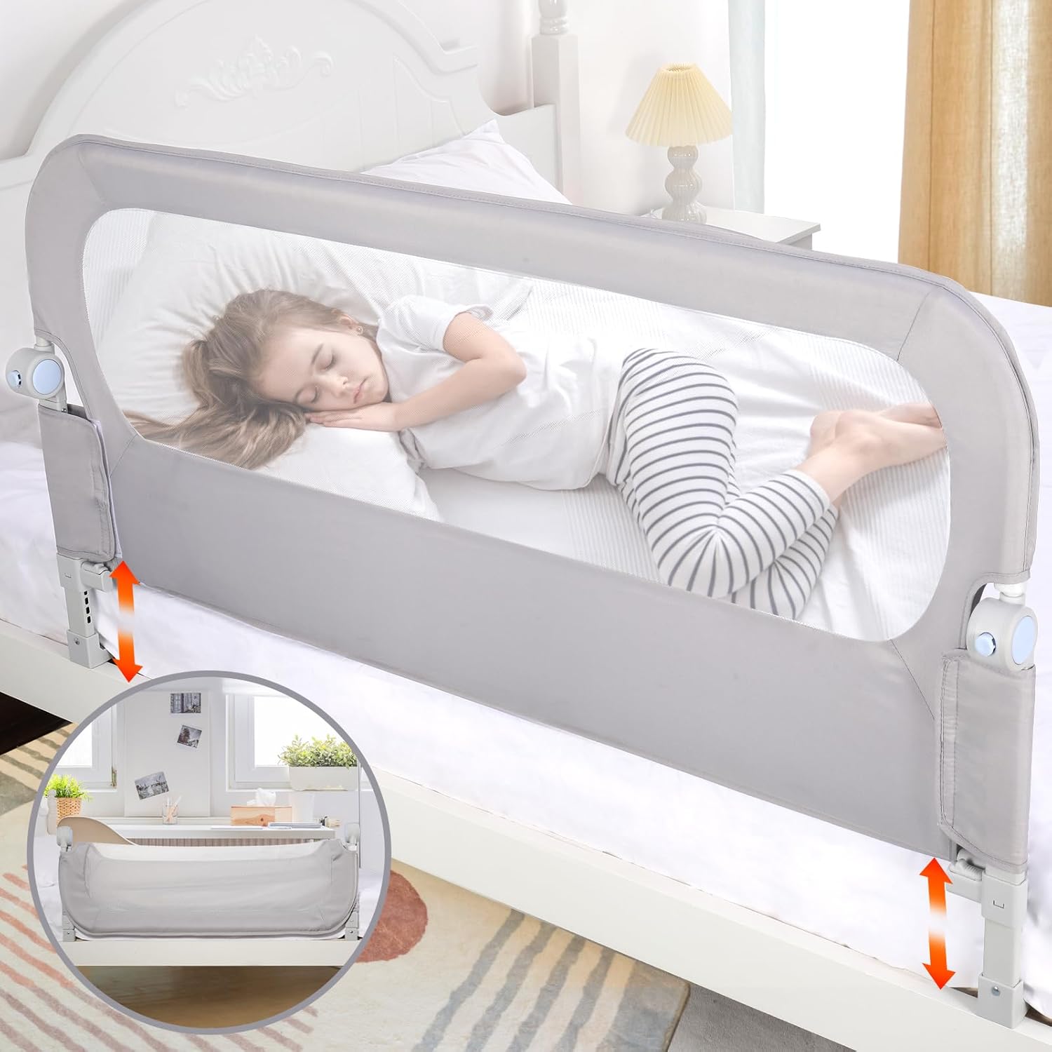 NUTIKAS Baby Bed Rail Guard installed on a bed showing the breathable mesh panel and swing-down mechanism